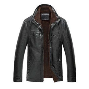Men's Small Stand Collar Faux Fur Fleece Lined PU Leather Shearling Jacket Biker